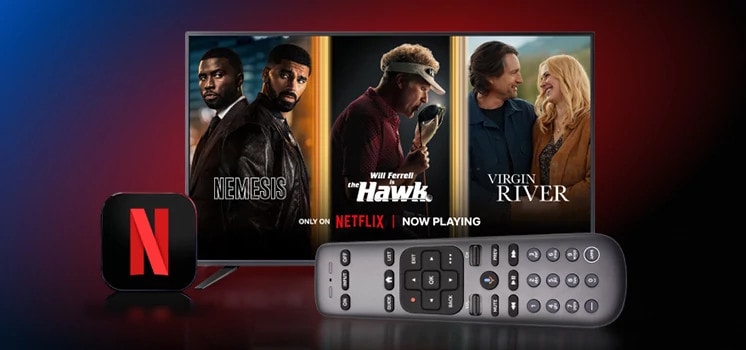 Promotional offer card featuring Netflix, DIRECTV Gemini device, remote, and Netflix content artwork promoting 12 months of Netflix included with a Genre Pack purchase.