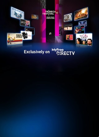 Tribeca Festival promotional graphic featuring floating movie and documentary posters arranged around illuminated festival branding on a dark blue and purple background.