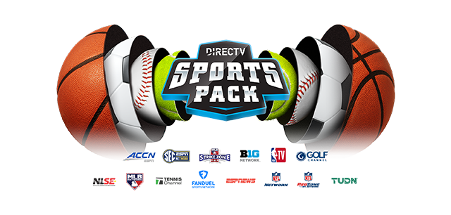 The DIRECTV Sports Pack logo is shown in front of a variety of cut in half sports balls including a basketball, tennis ball, baseball and soccer ball
