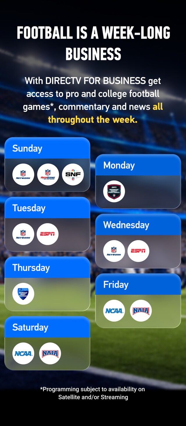 With DIRECTV For Business, get access to Pro and College Games.