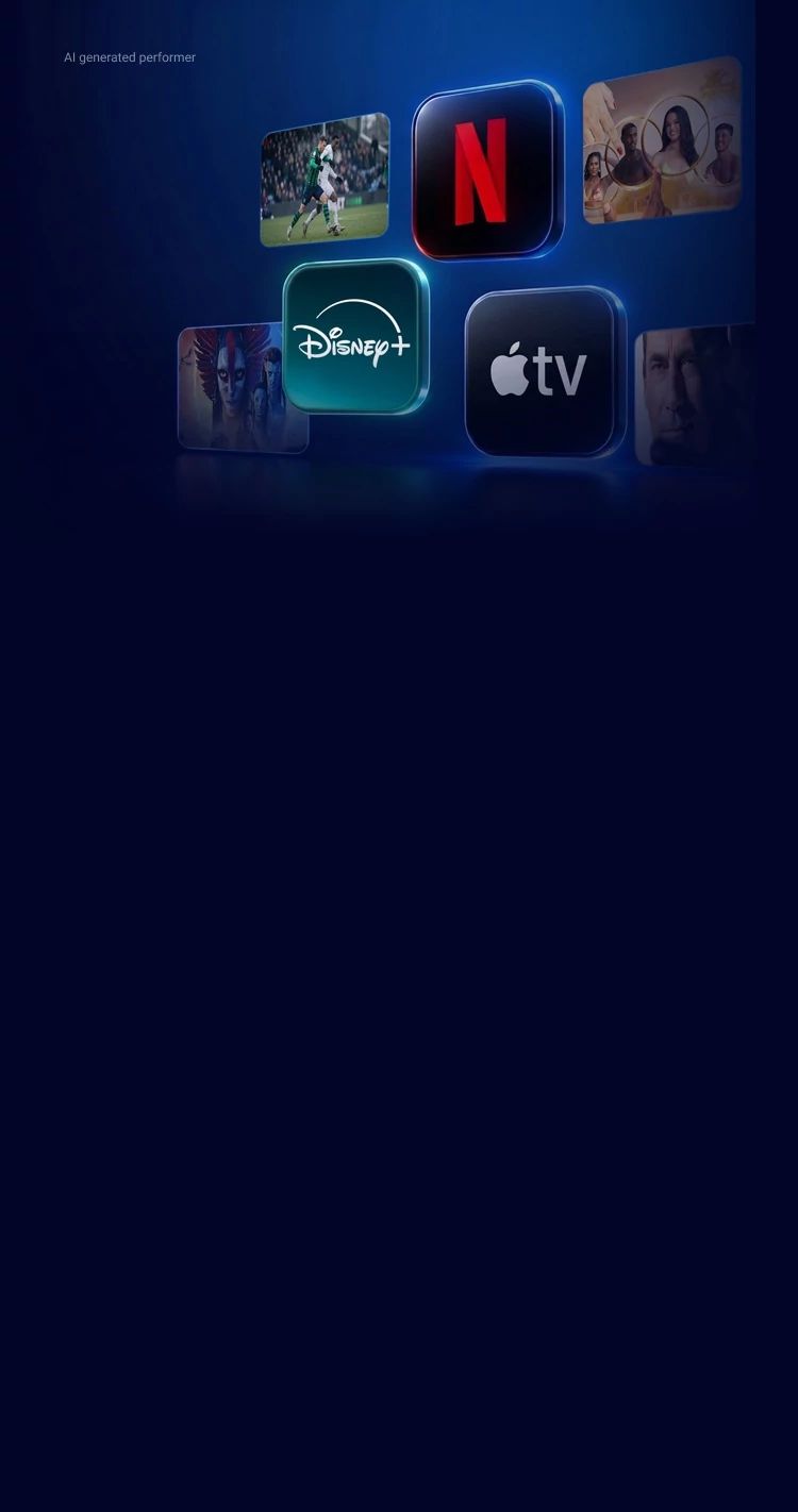 The Netflix, Disney+ and Apple TV streaming app logos are floating next to several popular available tv shows, movies and sports presentations like professional soccer, Your Friends and Neighbors, Avatar: Fire and Ash and Perfect Match.