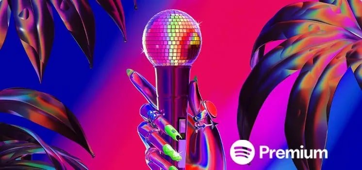 Colorful graphic of a disco ball microphone with the Spotify Premium logo and vibrant neon background featuring stylized leaves and hands.