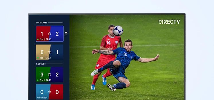 Sports Central interface showing soccer team shortcuts and a live match.