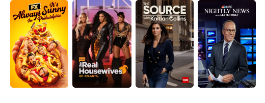 Featured entertainment and news on DIRECTV, including FX's It's Always Sunny in Philadelphia, The Real Housewives of Atlanta, CNN's The Source, and NBC Nightly News.
