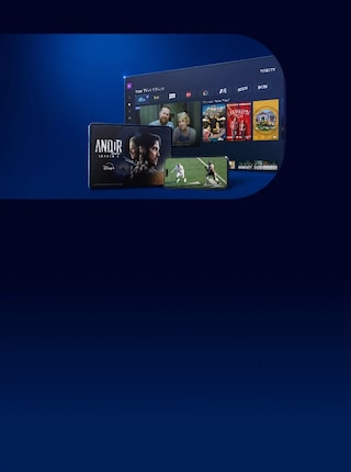 Streaming devices showing live sports, TV shows, and movie content like Andor, with the DIRECTV interface in the background.