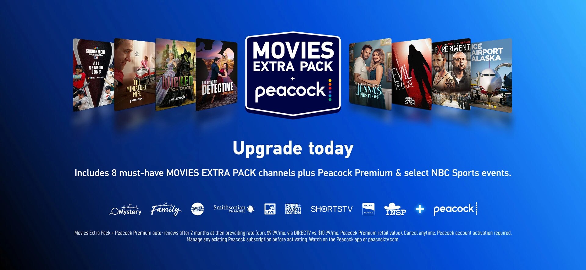 Banner introducing Movies Extra Pack with Peacock, featuring show covers like Bel Air, Bad Guys 2, Pie to Die For, The Lost Valentine, Mobsters, Thunderheart, and Ice Airport Alaska, with text promoting 8 must-have channels plus Peacock Premium for $9.99 per month.