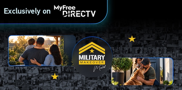 A Full width image banner displays the new available MyFree DIRECTV Military Makeover Channel logo and military family images.