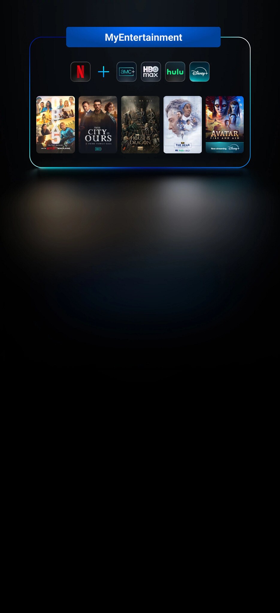 MyEntertainment promotional banner featuring Netflix and included streaming apps like AMC+, HBO Max, Hulu and Disney+