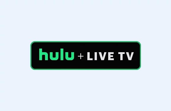 Hulu + Live TV logo on a black rectangle with light blue background.