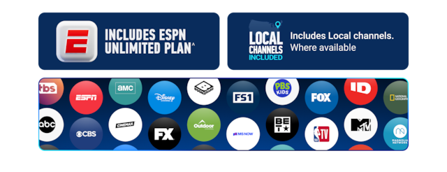 Grid of channel logos included in the CHOICE package FS1, ESPN, NBA TV, FX, FS1, NBA TV, and FOX and the ESPN Unlimited Plan badge.