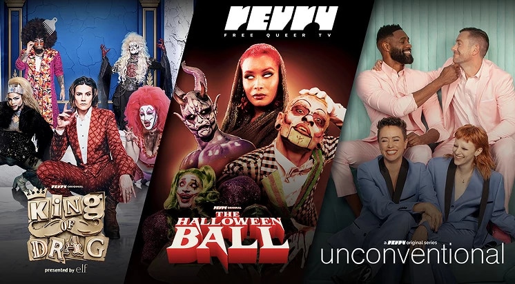 Revry artwork featuring King of Drag, Halloween Ball, and Unconventional.