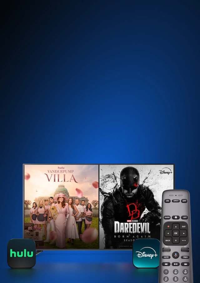 TV screen with remote control, with current programming available on Disney Plus and Hulu.
