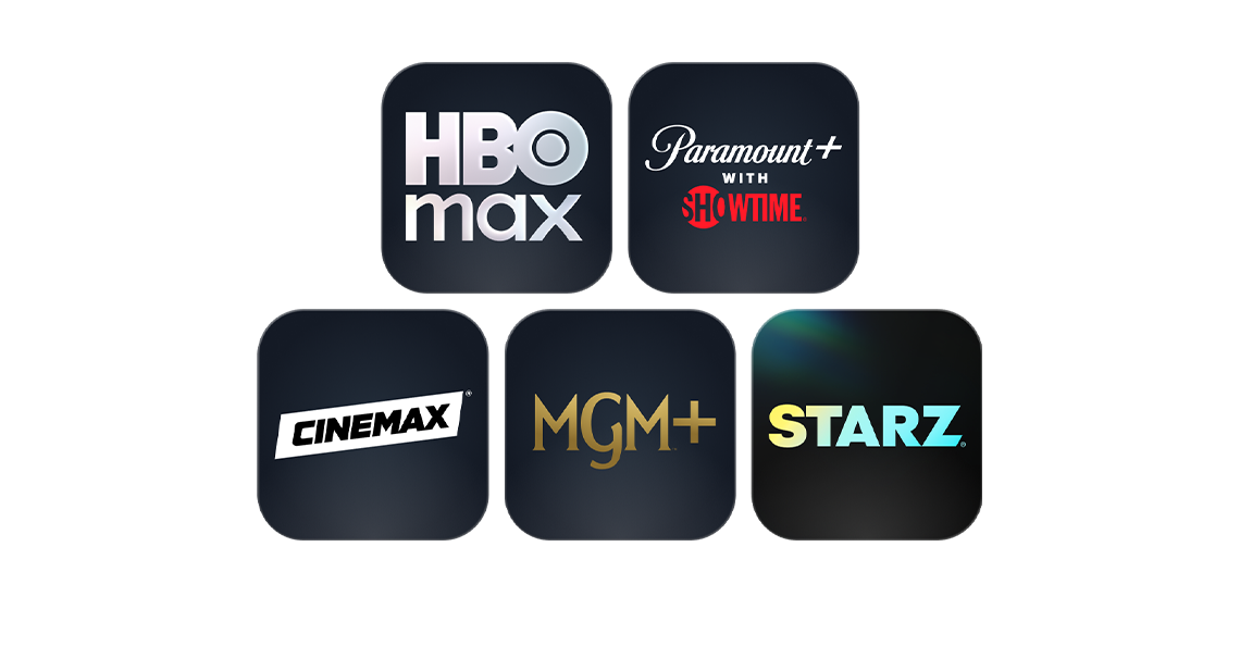 Premium network logos for HBO Max, Paramount + with showtime, Cinemax, MGM +, and STARZ