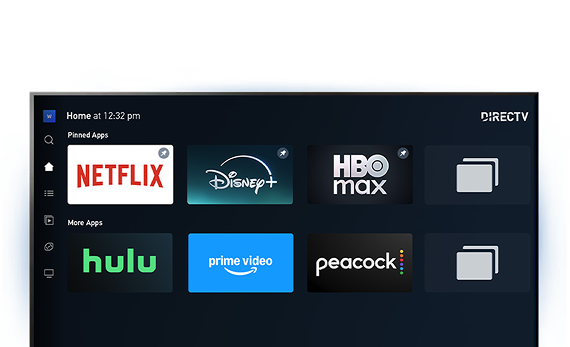 TV interface showing streaming apps like Netflix, Disney+, HBO Max, Hulu, Prime Video, and Peacock.