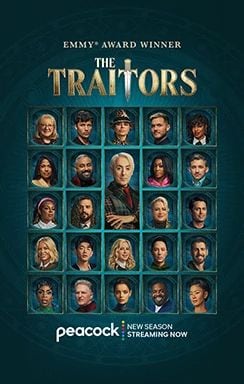 Traitors series poster with a wall of contestant portraits.