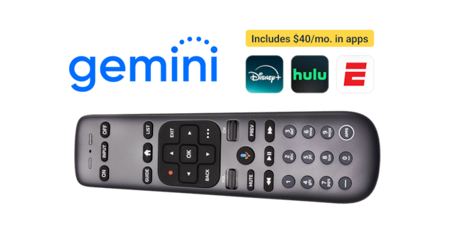 Gemini Air logo with banner reading “Unlock $40/mo. in apps” above Disney+, Hulu, and ESPN icons, alongside a DIRECTV remote control.