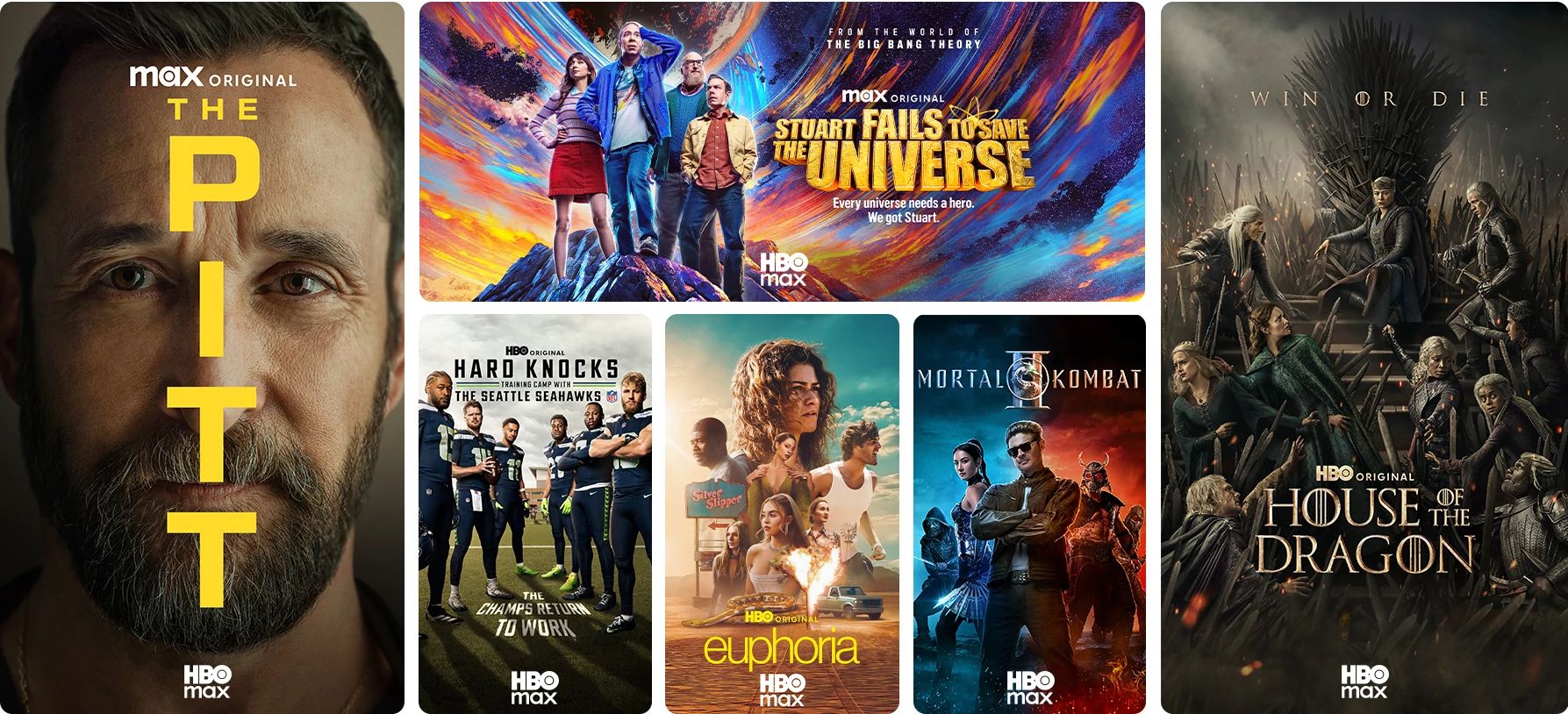 HBO Max exclusive titles The Pitt, Hard Knocks Training Camp with the Seattle Seahawks, Euphoria, Mortal Kombat 2, Stuart Fails to Save the Universe, and House of the Dragon