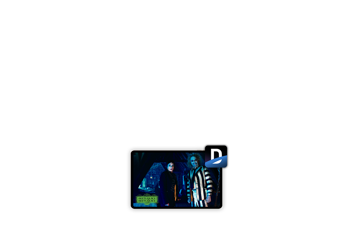 A tablet device displays a show poster for CINEMAX exclusive title Beetlejuice Beetlejuice, accompanied by the DIRECTV Logo