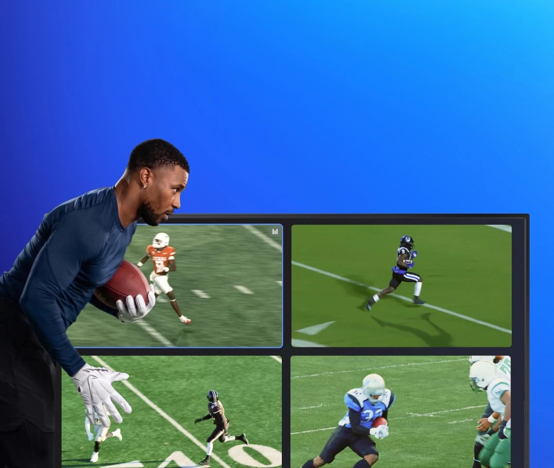 Saquon Barkley is holding a football while running in front of a smart tv showing the DIRECTV Multiview experience with four football games playing at once