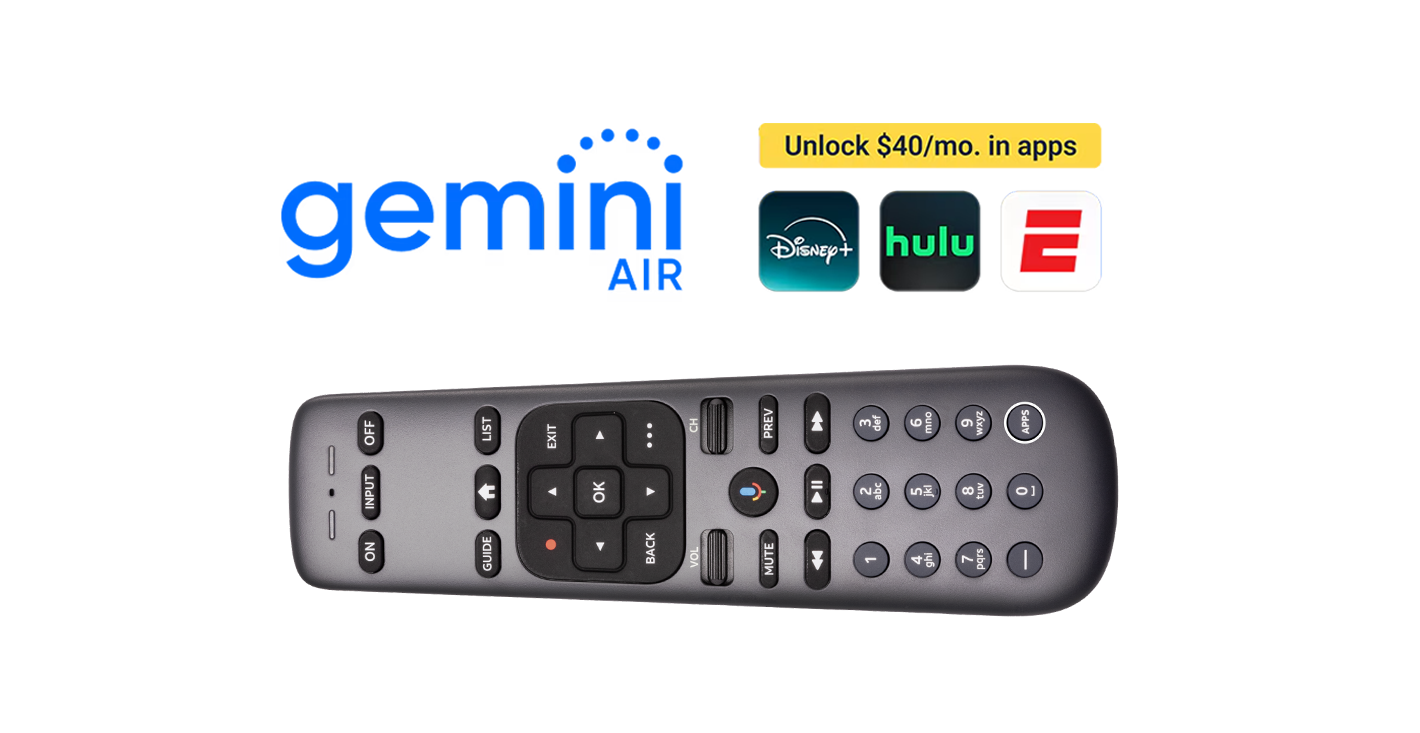 Gemini Air logo with banner reading “Unlock $40/mo. in apps” above Disney+, Hulu, and ESPN icons, alongside a DIRECTV remote control.