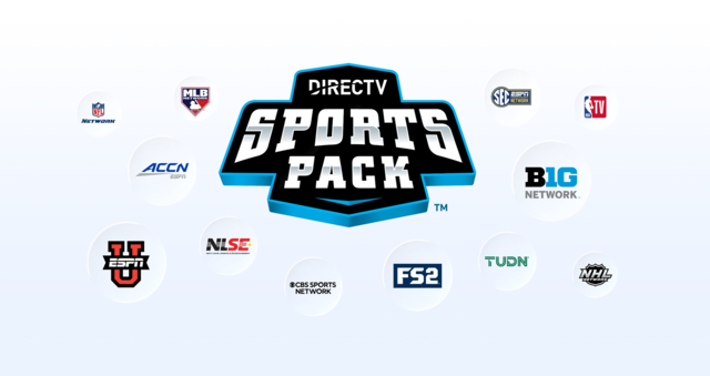 Logos of channels featured in the DIRECTV Sports Pack including FS2, MLB, and NHL.