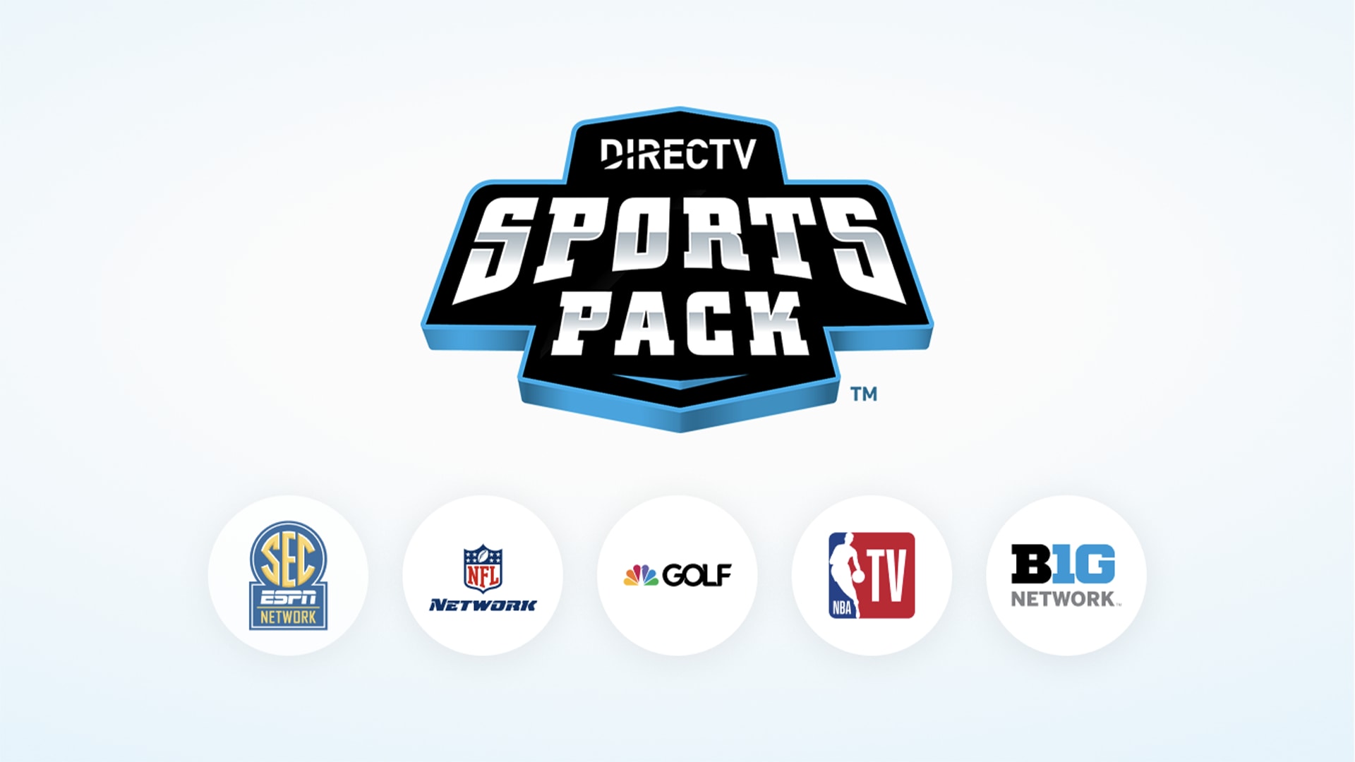 DIRECTV Sports Pack logo with circular channel logos for SEC Network, NFL Network, Golf Channel, NBA TV, and Big Ten Network.