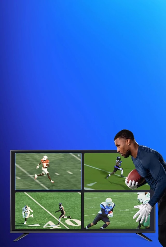 Saquon Barkley running with a football in front of a smart TV that is displaying the DIRECTV Multiview experience with 4 different football games playing at one time.