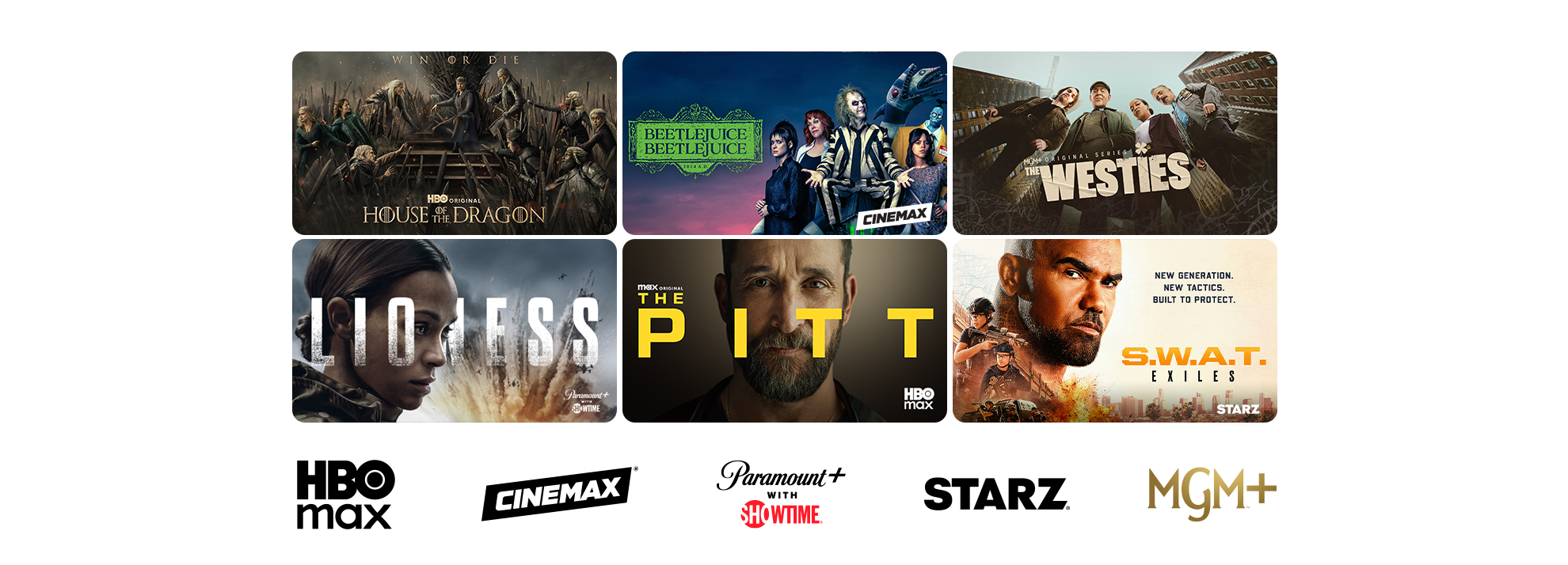 Movies on premium channels such as HBOMax, Cinemax, Paramount plus with Showtime, Starz and MGM plus.