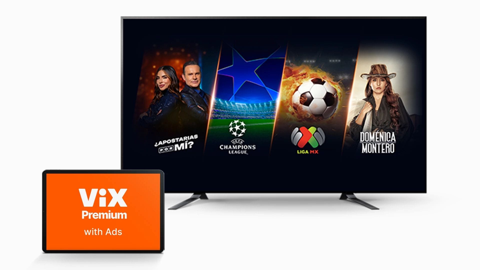 Television and tablet screens displaying ViX Premium with Ads content, including popular Spanish-language shows and soccer programming like Champions League and Liga MX.
