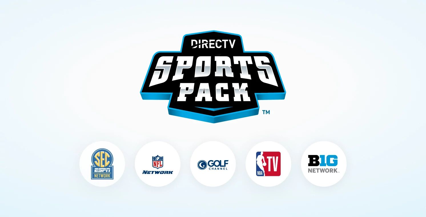 DIRECTV Sports Pack logo with circular channel logos for SEC Network, NFL Network, Golf Channel, NBA TV, and Big Ten Network.