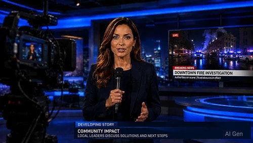 An AI generated scene of a female news anchor reporting from within a newsroom in front of a news camera.