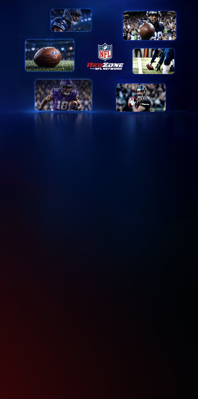 In front of a deep blue background, 6 image tiles displaying a variety of NFL football image snapshots are surrounding the NFL RedZone network logo.