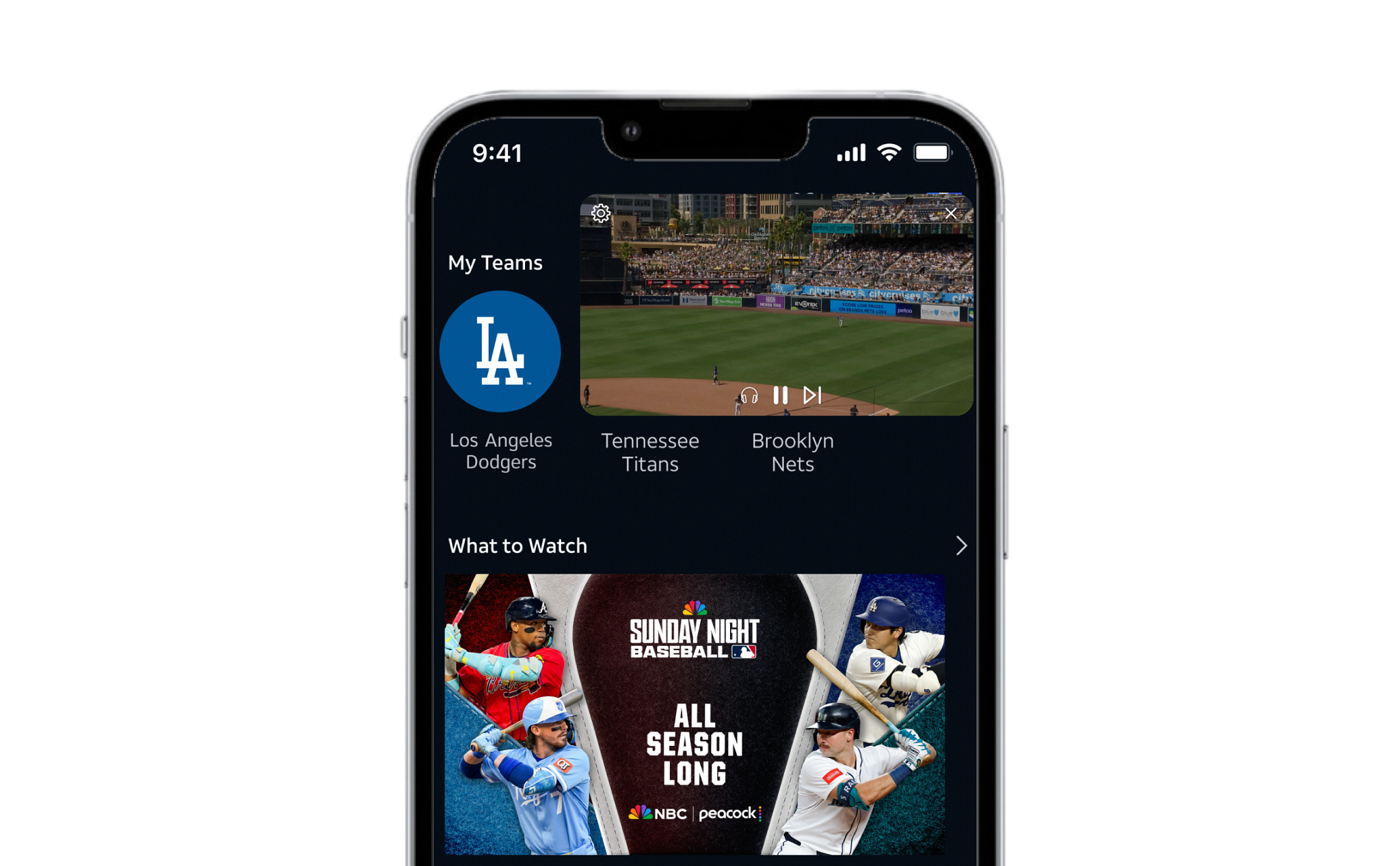 A phone showing the DIRECTV app playing a baseball game in a Picture-in-Picture window above a My Teams row and a What to Watch promo for Sunday Night Baseball.