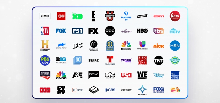 Popular TV network logos including AMC, CNN, FX, ESPN, ABC, HBO, TBS, Nickelodeon, PBS Kids, Disney Channel, and more, representing channels available with DIRECTV streaming packages.