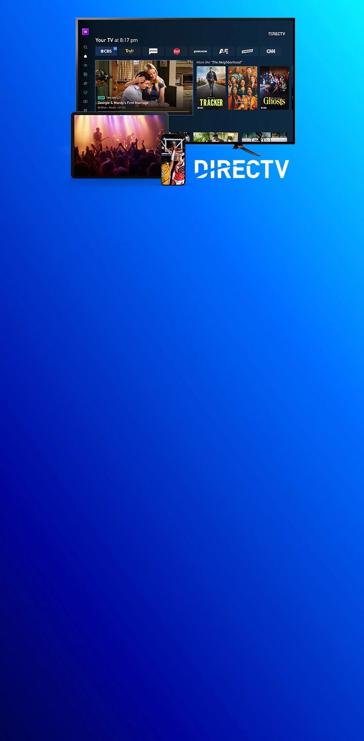 DIRECTV streaming interface displayed on a TV, tablet, and smartphone against a blue background.