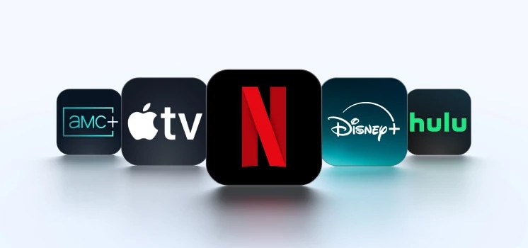 The Netflix, Disney+, Apple TV, Hulu and AMC+ streaming apps are presented.