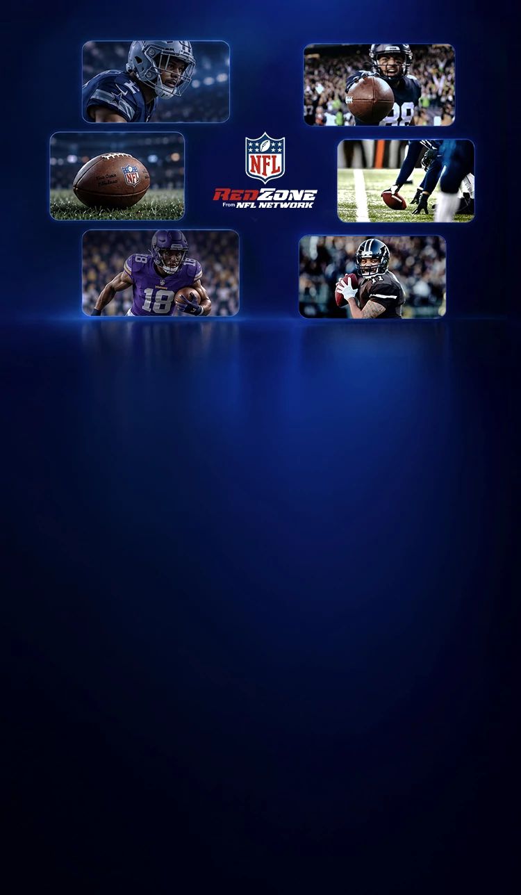 In front of a deep blue background, 6 image tiles displaying a variety of NFL football image snapshots are surrounding the NFL RedZone network logo.
