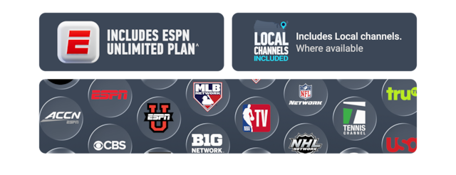 Sports channel logos included in MySports ACC Network, ESPN, NBA TV and the ESPN Unlimited Plan and Local Channels included badges.
