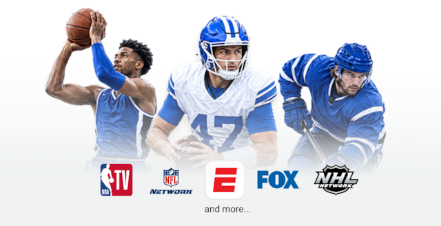 An image of a professional basketball player preparing to make a shot, a professional football player preparing to pass a football and a professional hockey player skating with a hockey stick is presented behind logos of popular sports channels available with DIRECTV MySports Genre Pack including NBA TV, NFL Network, ESPN UNlimited Plan, FOX Sports, NHL Network, and more.