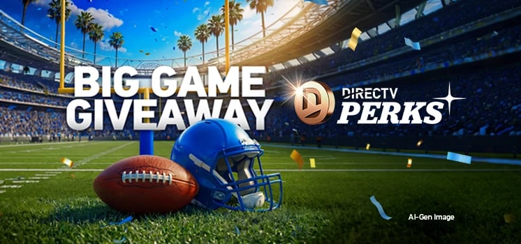 The DIRECTV PERKS coin logo and confetti are shown with a football and helmet in a stadium.