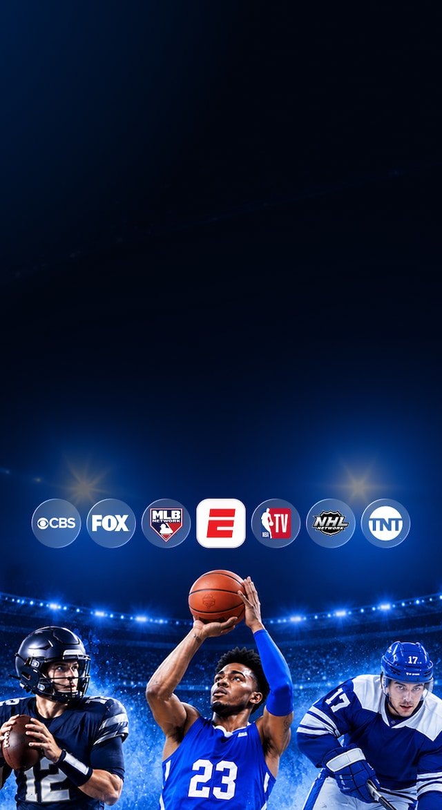 A lit sports arena background with a row of circular network badges — CBS, FOX, MLB Network, ESPN, NBA TV, NHL Network and TNT — above football, basketball and hockey players in action.
