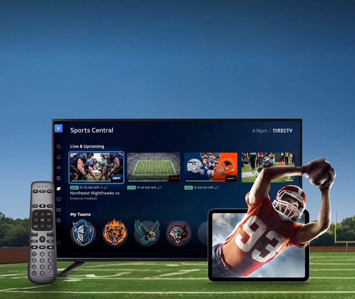 A smart Tv displaying the DIRECTV Sports Central interface with multiple live game feeds, alongside a DIRECTV Voice Remote and tablet