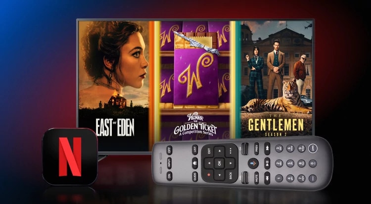 Promotional offer card featuring Netflix, DIRECTV Gemini device, remote, and Netflix content artwork promoting 12 months of Netflix included with a Genre Pack purchase.