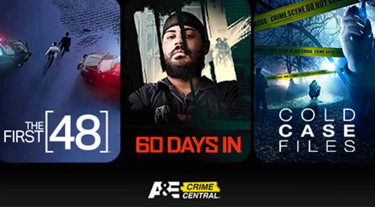 A&E Crime Central artwork featuring The First 48, 60 Days In, and Cold Case Files.