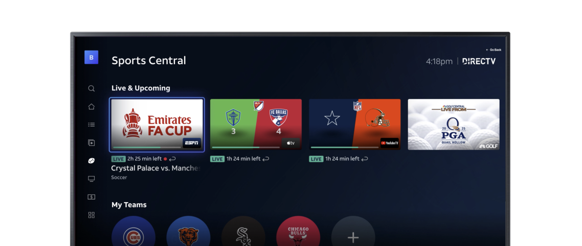 A smart TV displays the DIRECTV experience with the Sports Central tab selected showing live & upcoming games.
