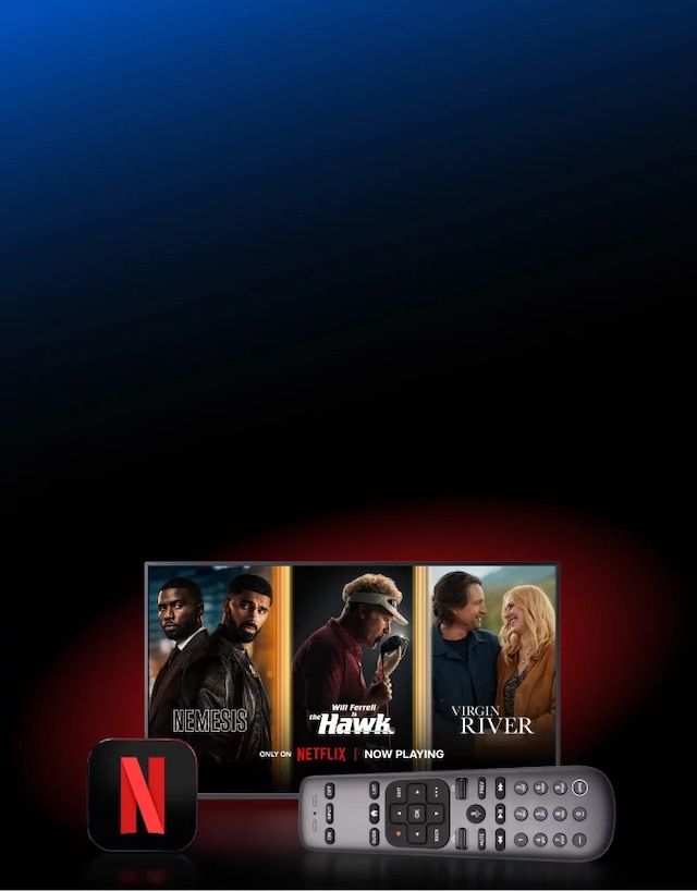 Promotional content card featuring Netflix, DIRECTV Gemini device and remote, highlighting 12 months of Netflix included with a Genre Pack purchase.