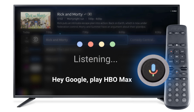 A smart TV displays the DIRECTV App experience overlayed with a “listening” indication that signifies the DIRECTV voice remote is currently listening to your voice for commands