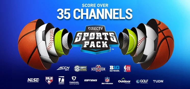 DIRECTV Sports Pack promotional banner featuring sports balls and channel logos including NBA TV, MLB Network, NFL Network, SEC Network, NFL RedZone, and more.