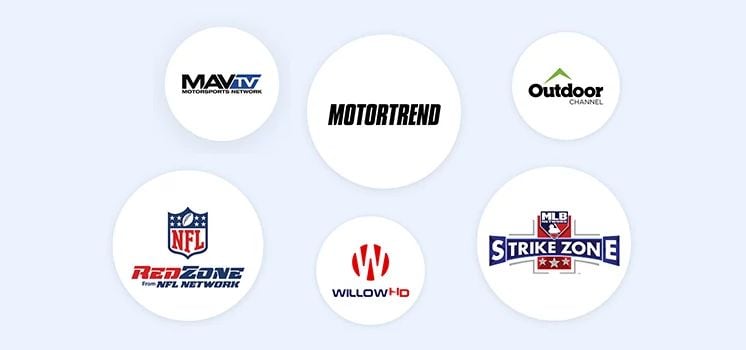 MySports Extra add-on showing logos like MAVTV, MotorTrend, NFL RedZone, and Outdoor Channel.