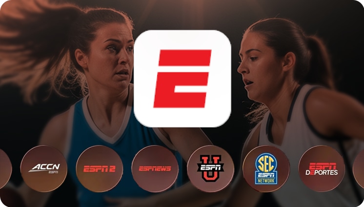 The ESPN Unlimited App logo is displayed along with several sports network channels that are available within the app. Behind the logos is an image of two female basketball players in jerseys, playing basketball.